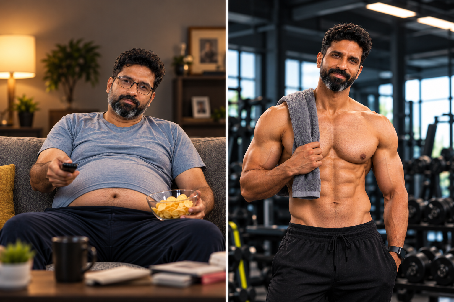 At 45 — on the left, how society expected him to look, overweight on the sofa with snacks in hand; on the right, how he chose to look, fit and strong in the gym