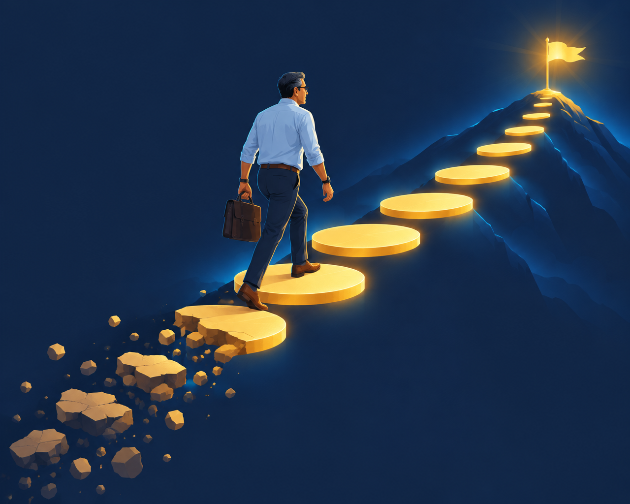 A man in his mid-40s walking up glowing golden stepping stones toward a summit flag, the crumbling path behind him