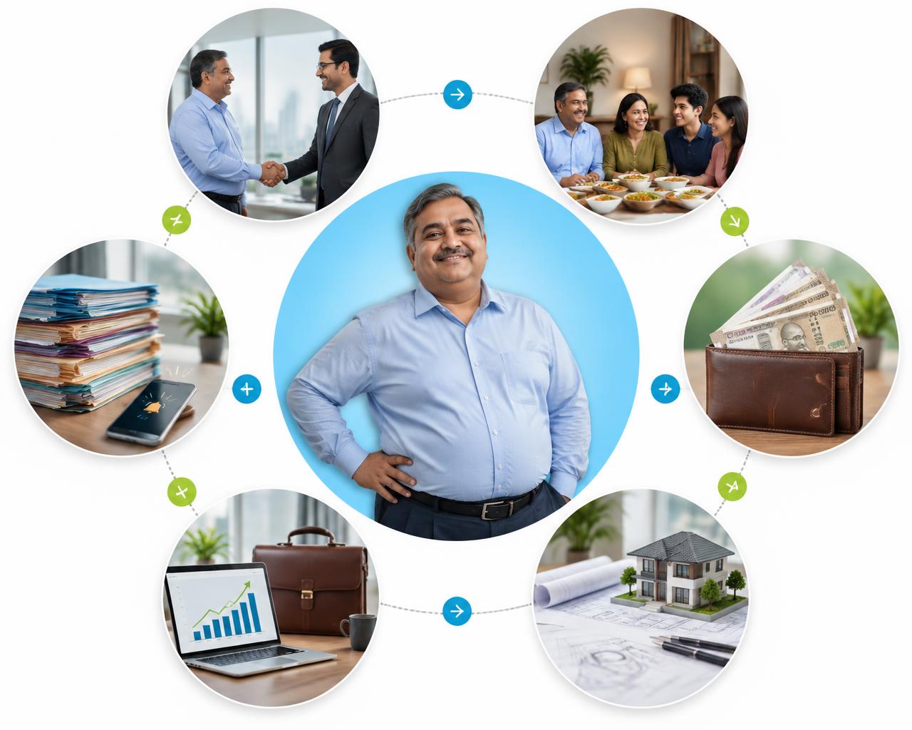 A proud Indian man in his late 40s at the centre of a circle, surrounded by everything he built — his career, family, income, home plans, business and responsibilities