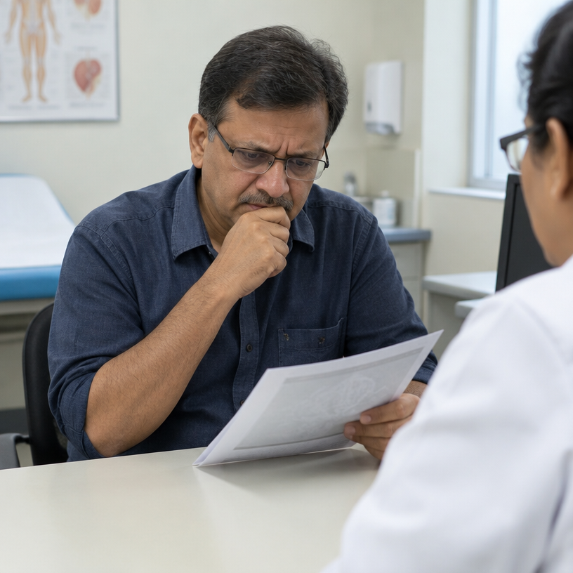 A man in his early 50s with reading glasses at a clinic table, reading his medical report with a worried frown