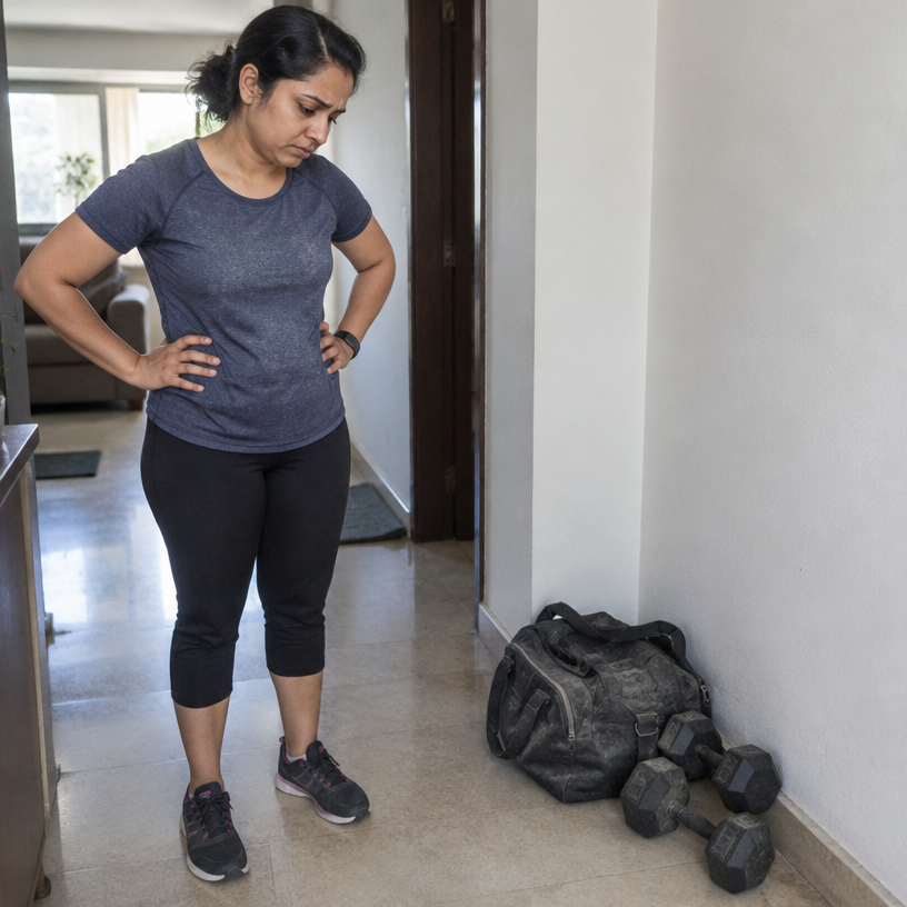 A woman in workout clothes looking down at her dusty gym bag and dumbbells in the corner, hands on her hips, guilty
