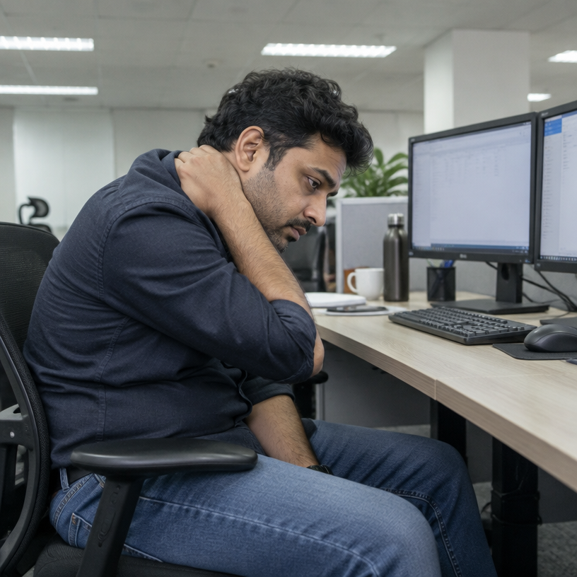 An average-build man slumped in his office chair at dual monitors, pressing his stiff neck, exhausted