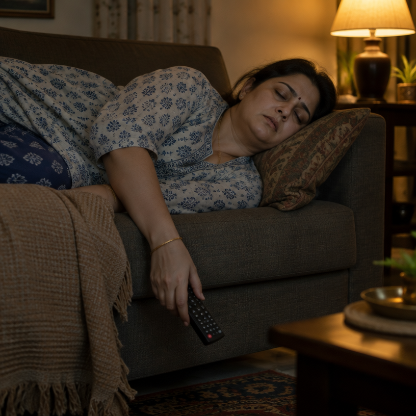 A slightly plump woman collapsed sideways on her sofa with her eyes closed, the TV remote slipping from her hand