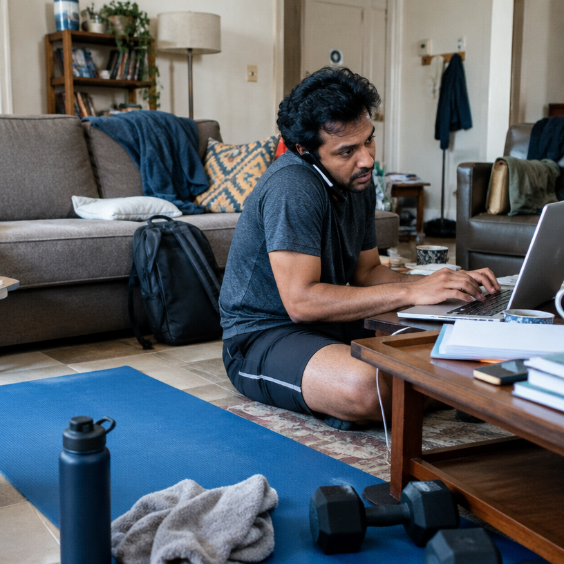 A slim man on his yoga mat in workout clothes, turned away and typing on his laptop with the phone wedged to his ear