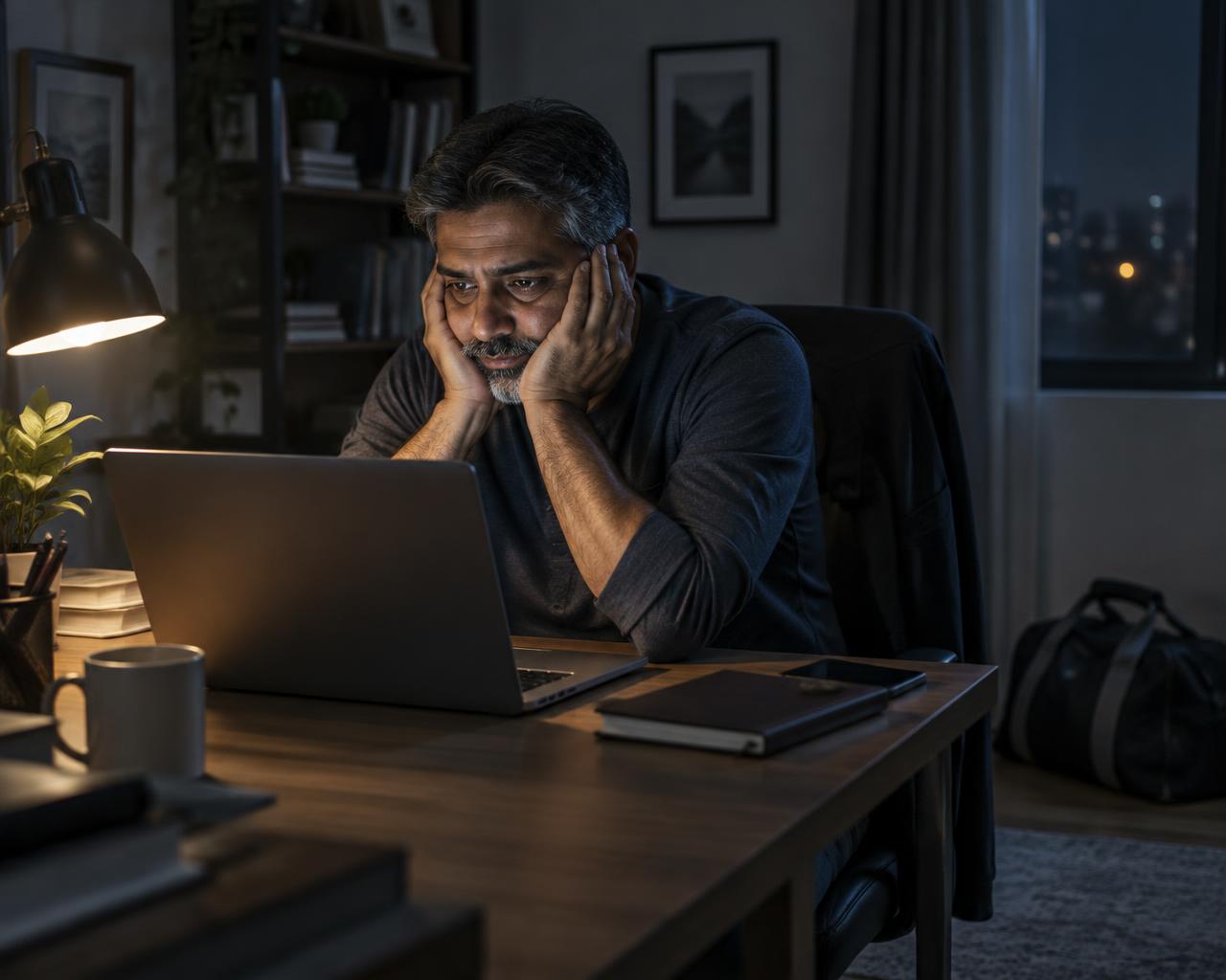 A man in his late 40s at his desk late at night, head resting in his hands, laptop still open