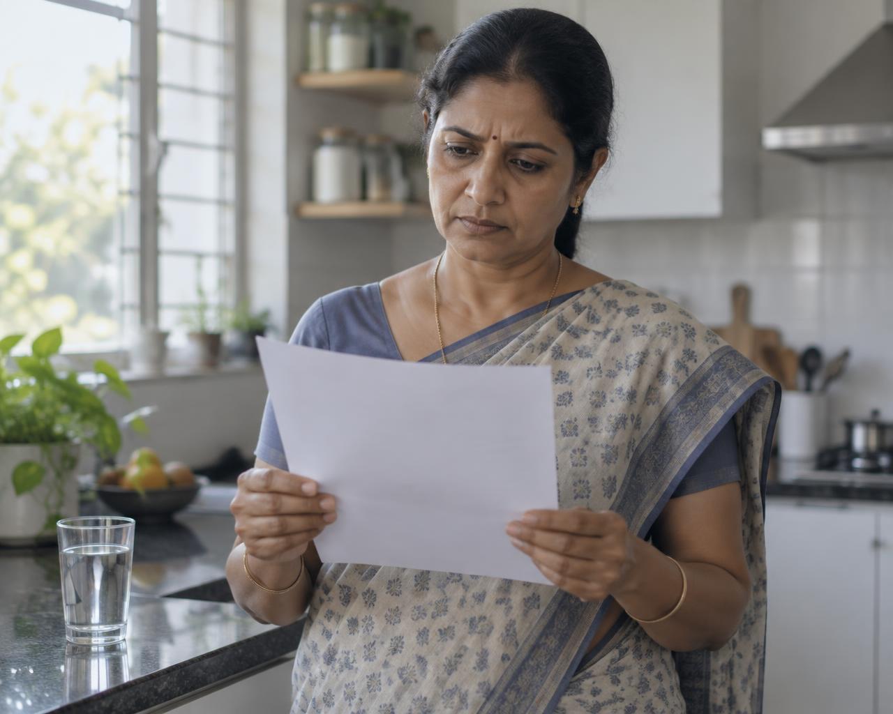 A woman in her 50s in her kitchen in the morning, reading a health report with a worried look
