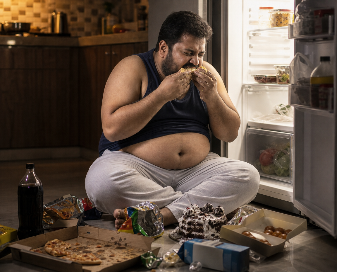 The same man at night, sitting on the kitchen floor in front of an open refrigerator, eating ravenously with both hands, surrounded by an empty pizza box, chips packets, cola and Indian sweets