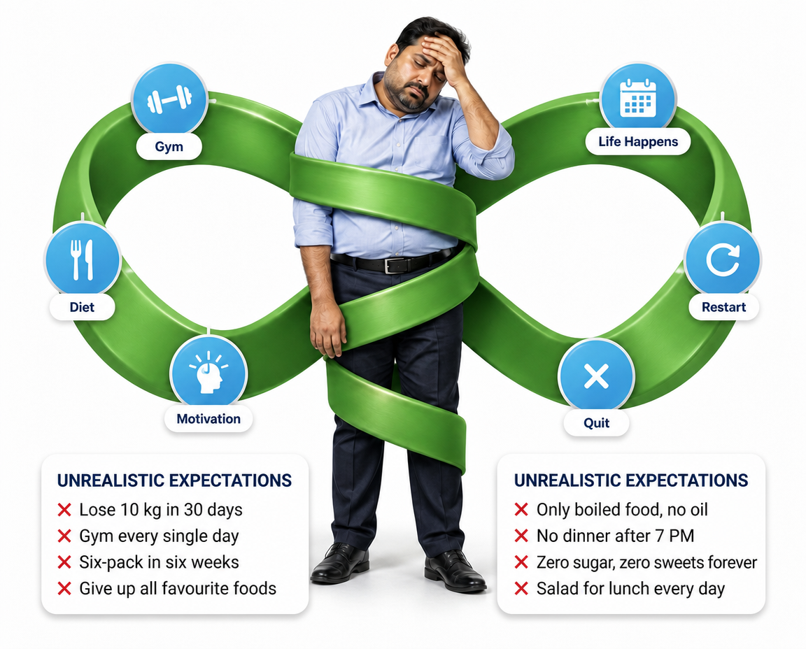 An exhausted, overweight man caught inside a giant green infinity-loop trap, ringed by Gym, Diet, Motivation, Life Happens, Restart and Quit, with two cards of unrealistic expectations — one about exercise, one about food