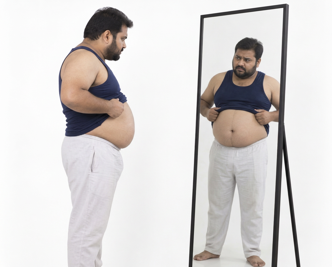 The same man, now more bloated, in a navy baniyan and white pyjamas, standing barefoot before a full-length mirror and lifting the vest to look at his tummy with a worried face